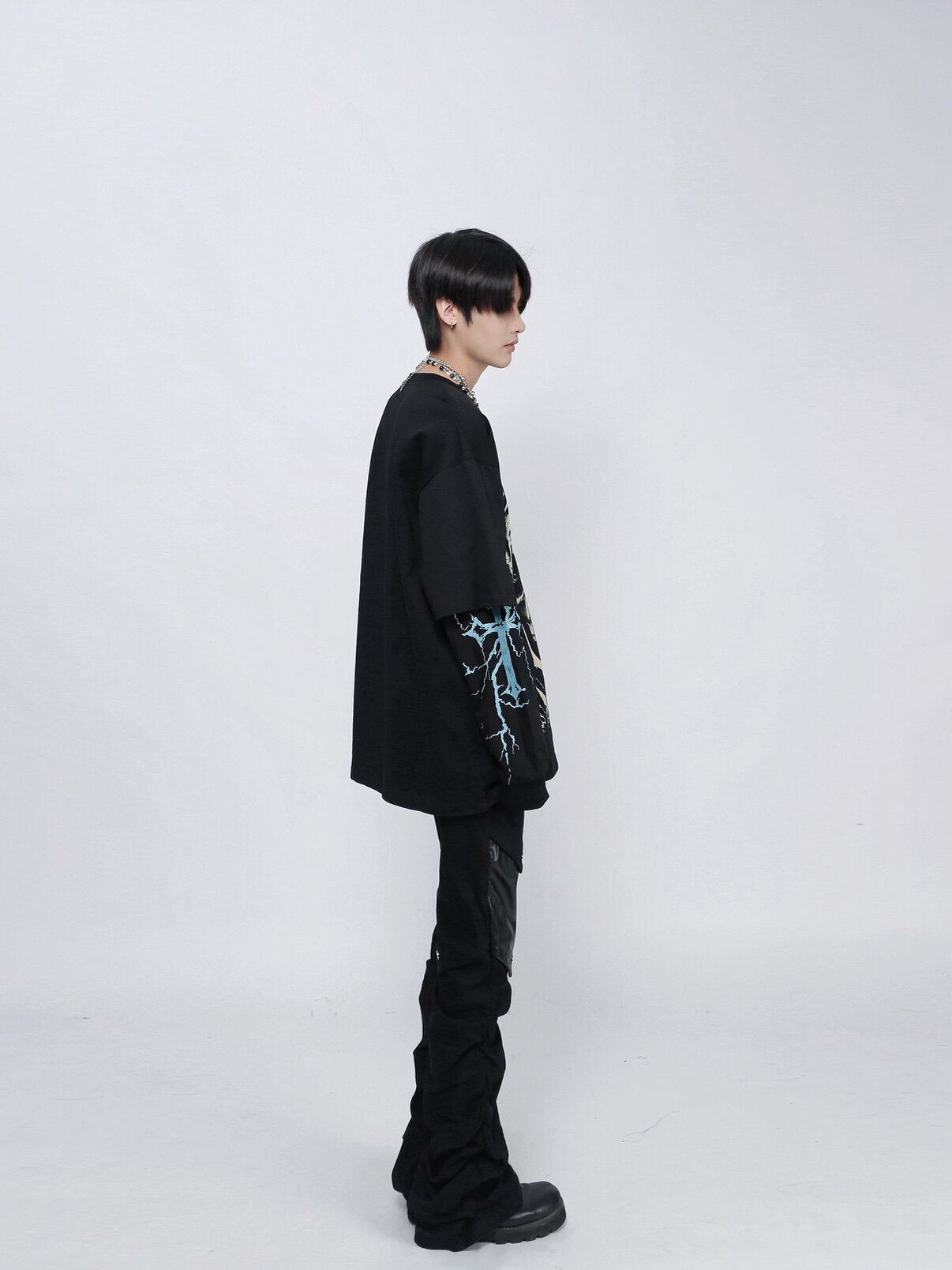 Fake Layered Skull Print Oversize Long Sleeve T-Shirt WN24492