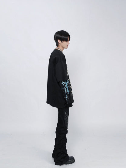 Fake Layered Skull Print Oversize Long Sleeve T-Shirt WN24492