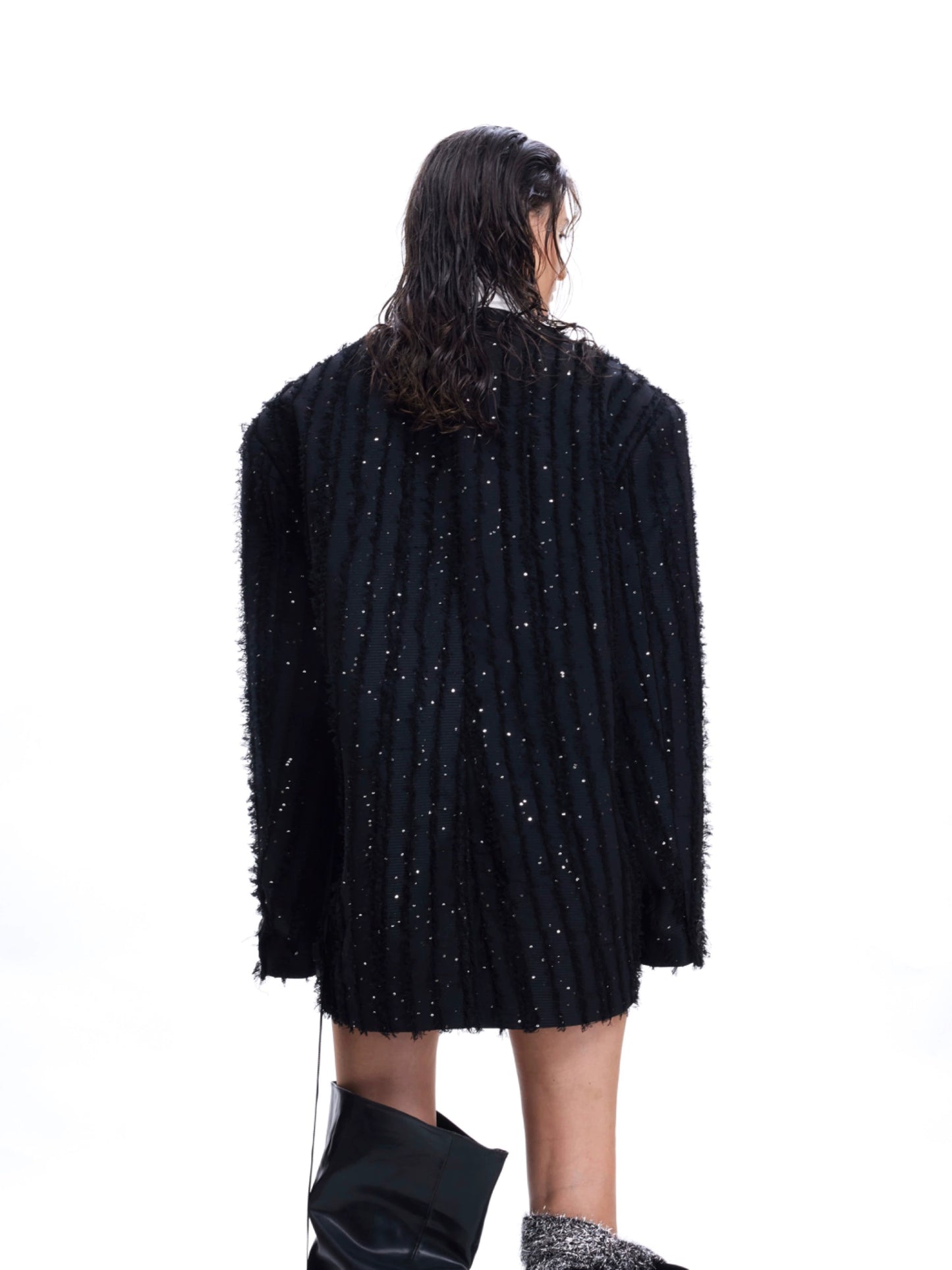 Textured Sequin Fringe Collarless Tailored Jacket WN11609