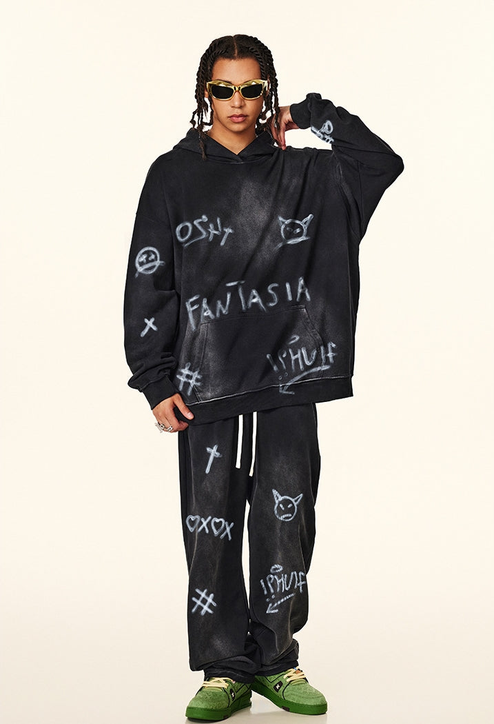 Hand-drawn Graffiti Print Hoodie & Sweatpants Setup WN9955