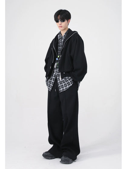 Fake Layered Short Zipper Hoodie & Tuck-in Wide-Leg Sweatpants Setup WN9378