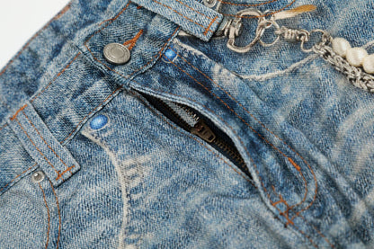 Digital Print Chain Design Wide Leg Denim Jeans WN18575