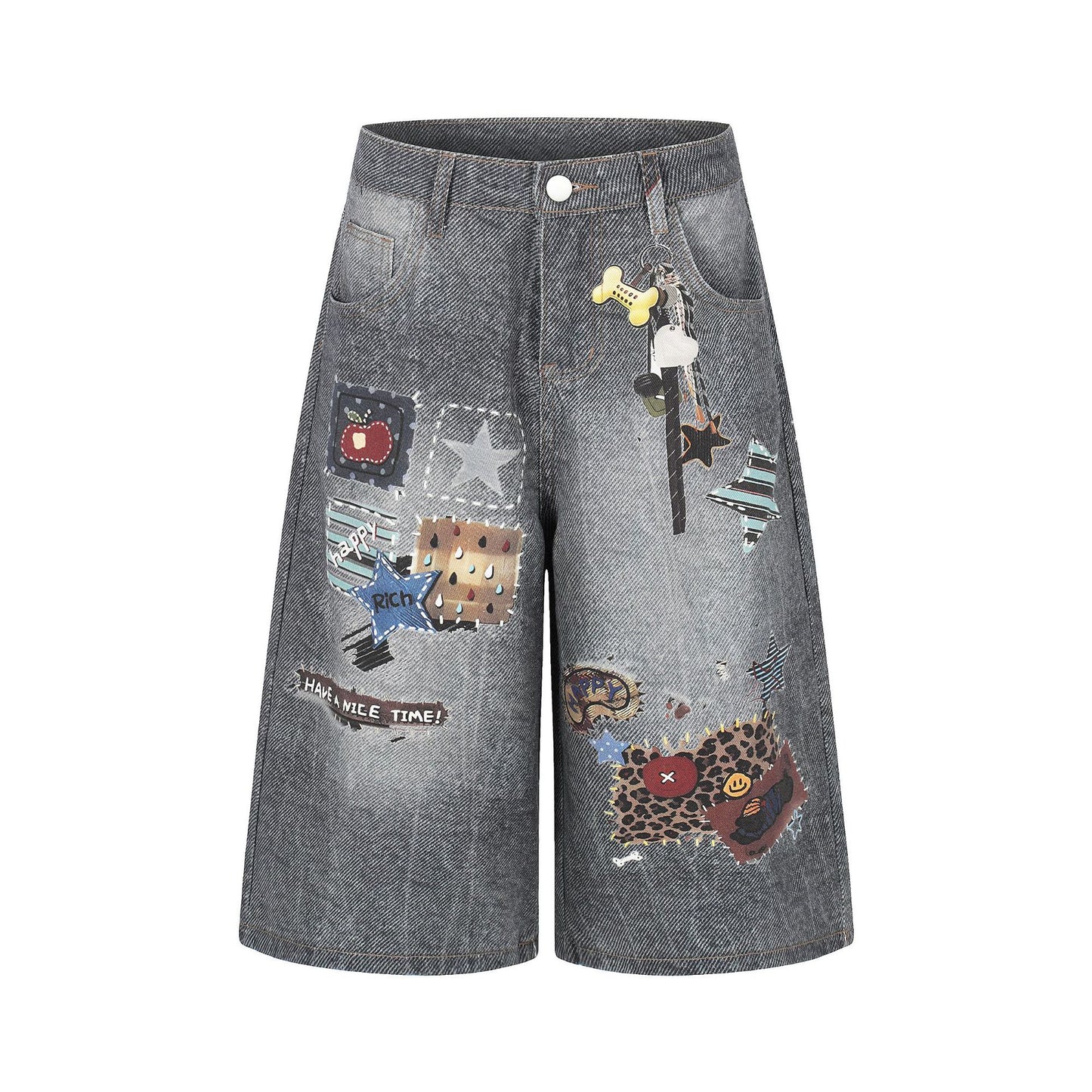 Applique Patchwork Wide Leg Half Denim Pants WN25625