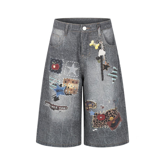 Applique Patchwork Wide Leg Half Denim Pants WN25625