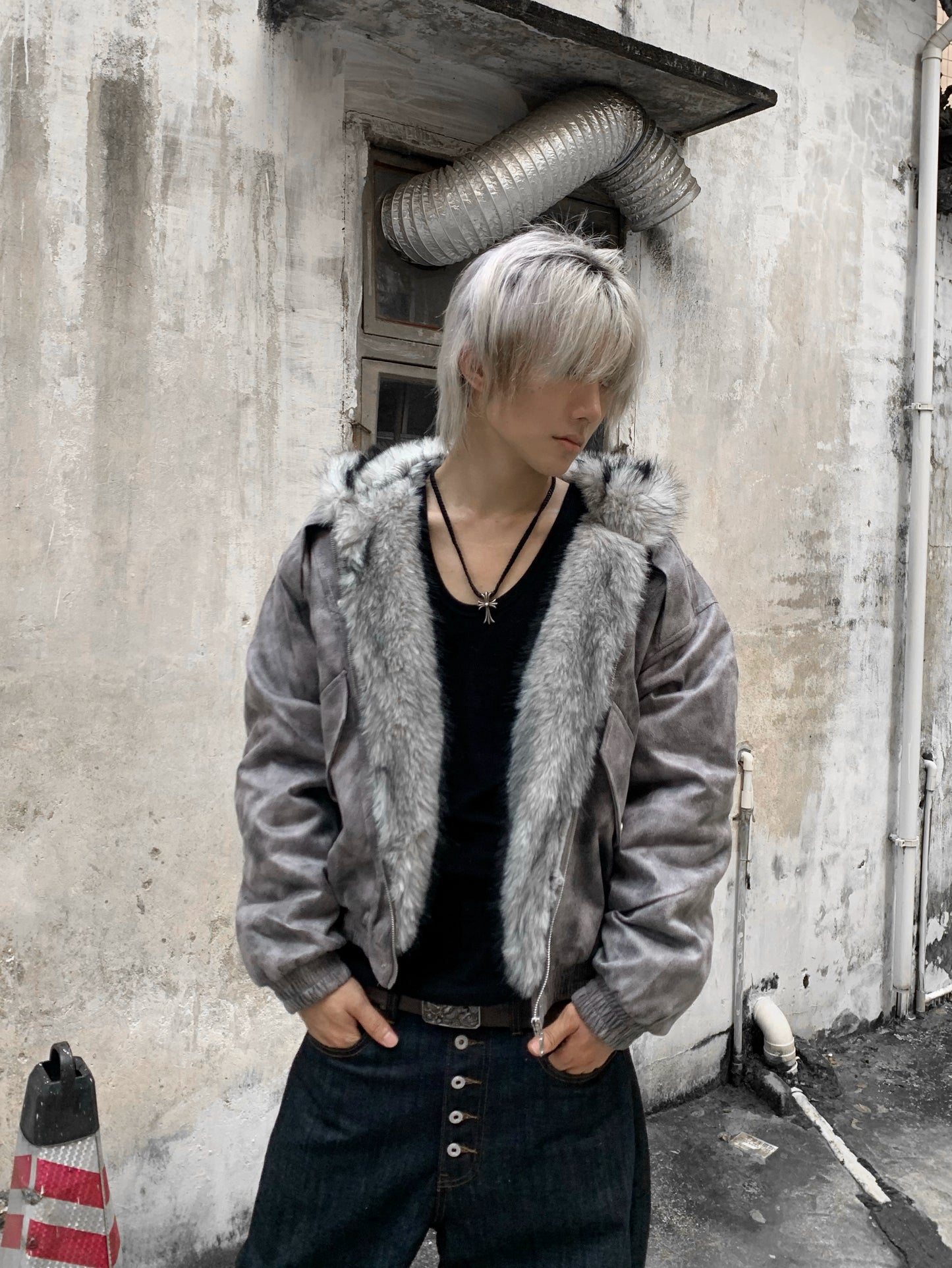 Washed Fake Fur-Collar Hooded Jacket WN22219