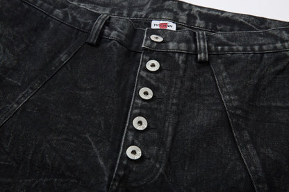 Washed Crinkle Button Fly Wide Leg Denim Jeans WN26144
