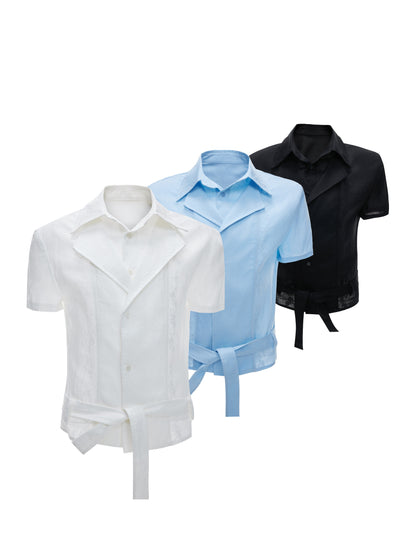 Fake Layered Embroidery Linen Waist-Tie Short Sleeve Shirt WN27030