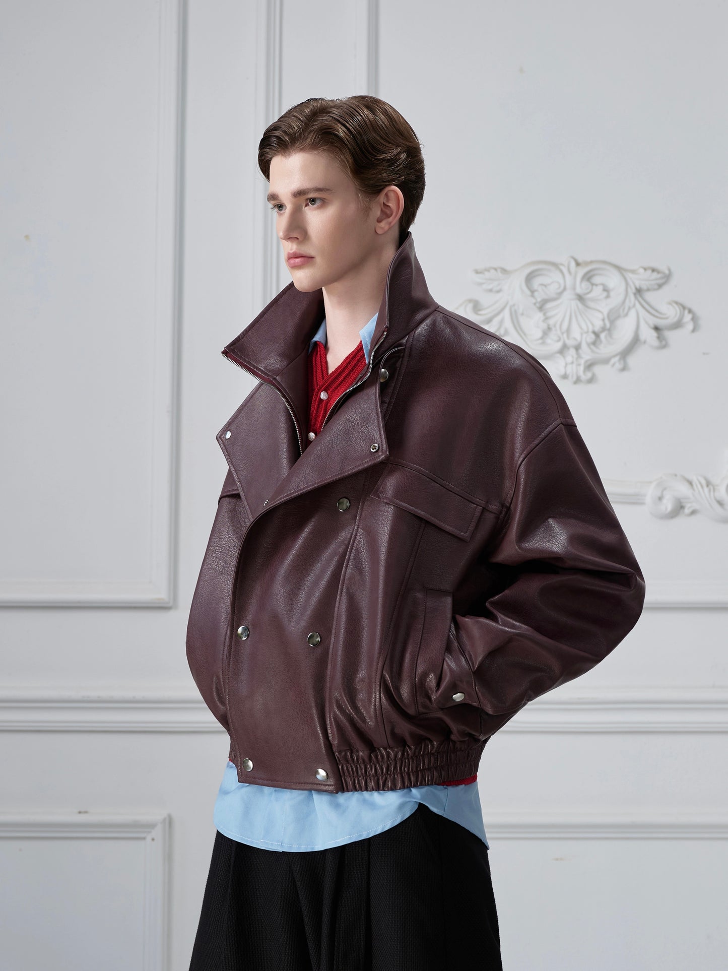 Deconstructed Fake Layered Button PU Leather Short Jacket WN21688