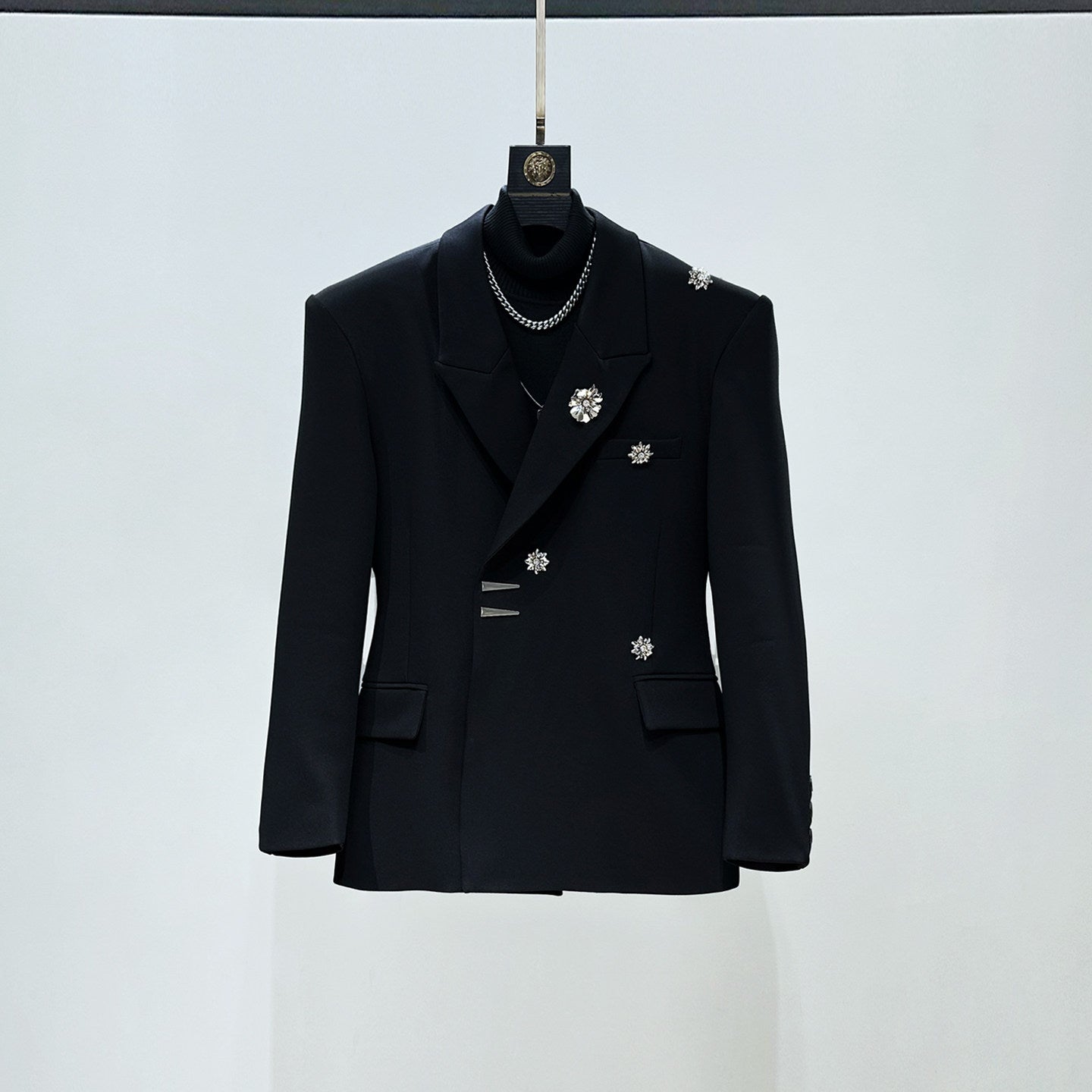 Metal Flower Brooch Fitted Tailored Jacket & Flare Trousers Setup WN23886