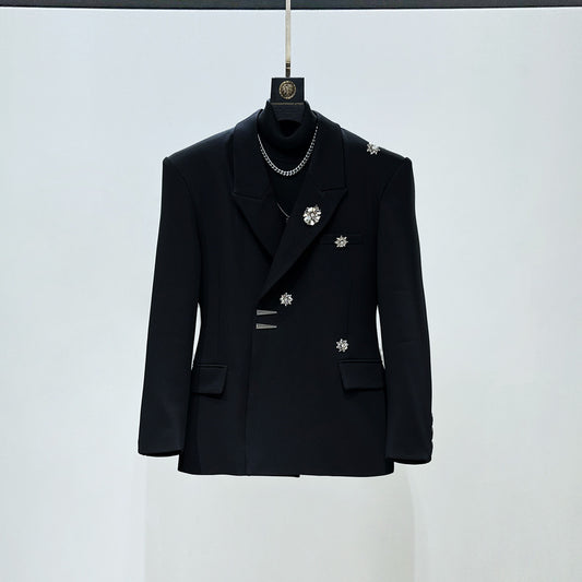 Metal Flower Brooch Fitted Tailored Jacket & Flare Trousers Setup WN23886