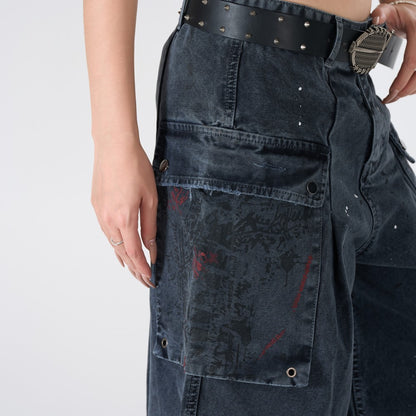 Denim Paint Splatter Multi-Pocket Wide Leg Half Pants WN27938