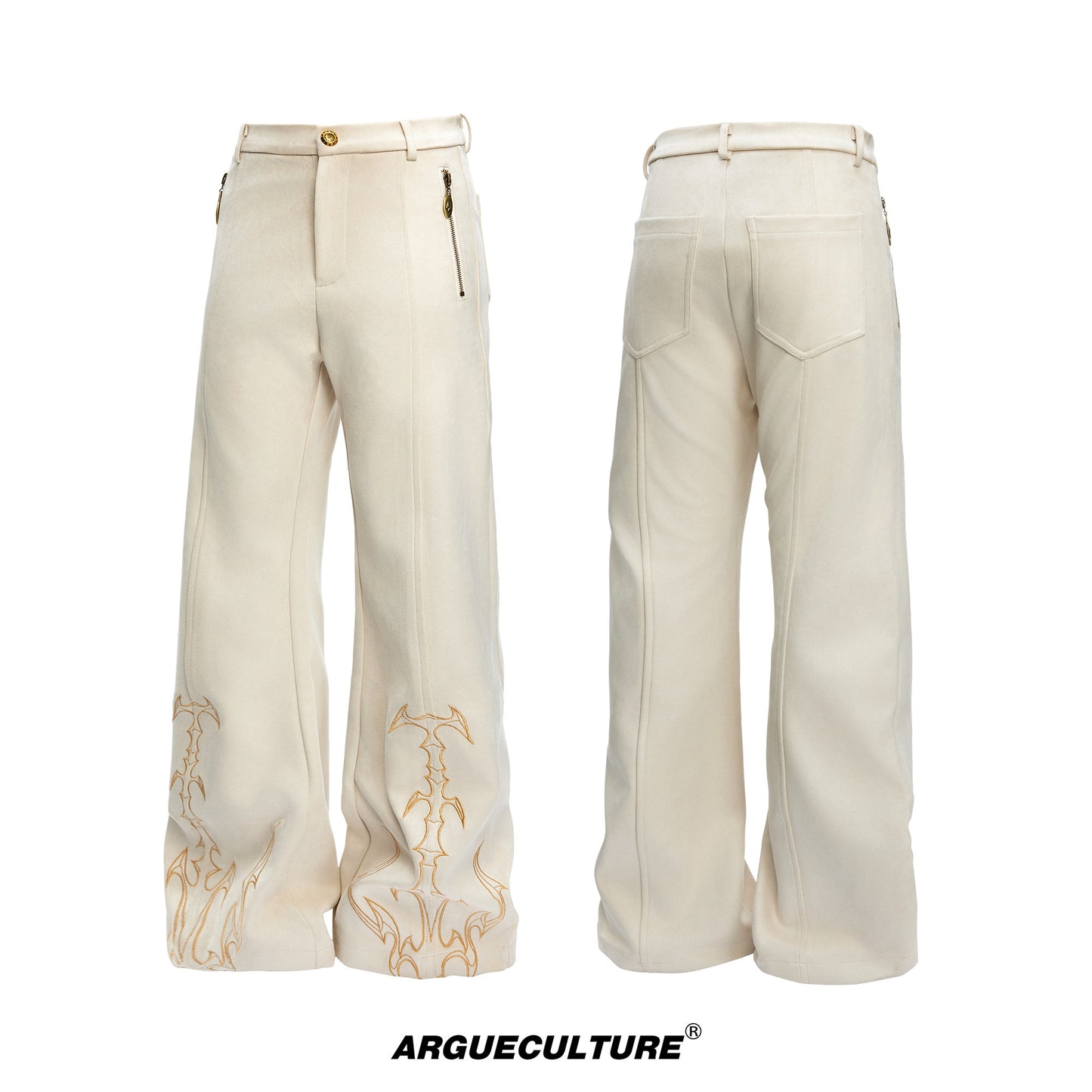 Thorn Bone Totem Embroidery Metal Zipper Flare Pants WN23315