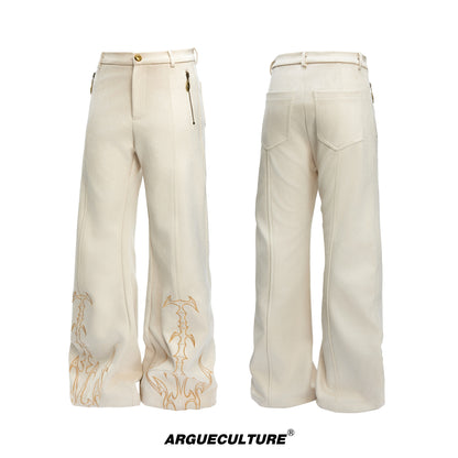 Thorn Bone Totem Embroidery Metal Zipper Flare Pants WN23315