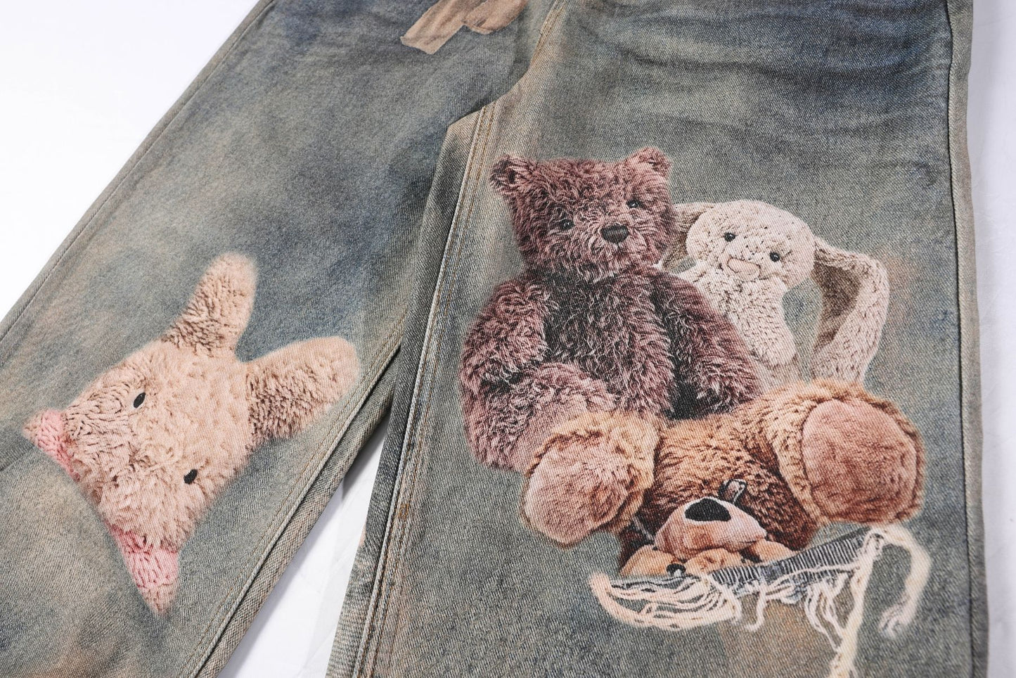 Washed 3D Graphic Print Wide Leg Denim Jeans WN26139