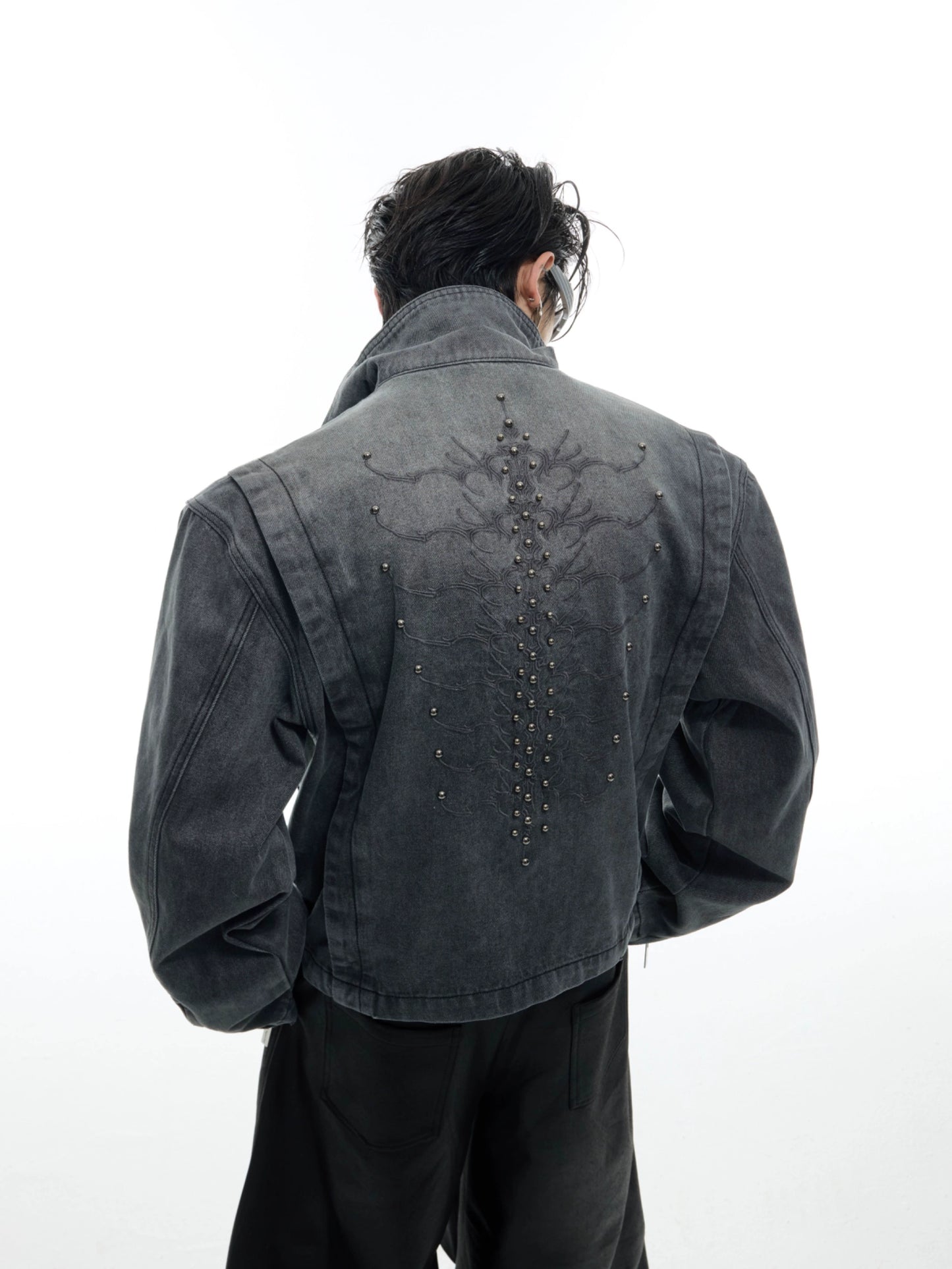 Washed Studs Spine Short Denim Zipper Jacket WN16329