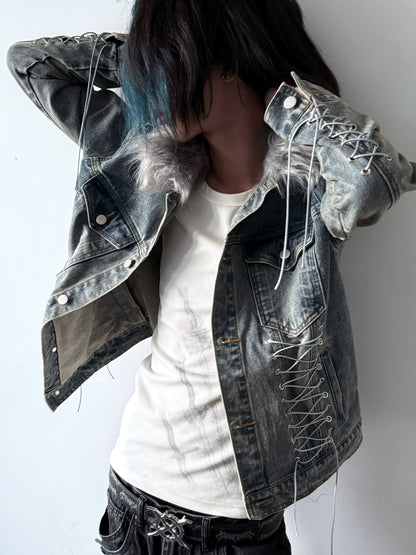 Fake Fur Collar Washed Denim Jacket WN20907