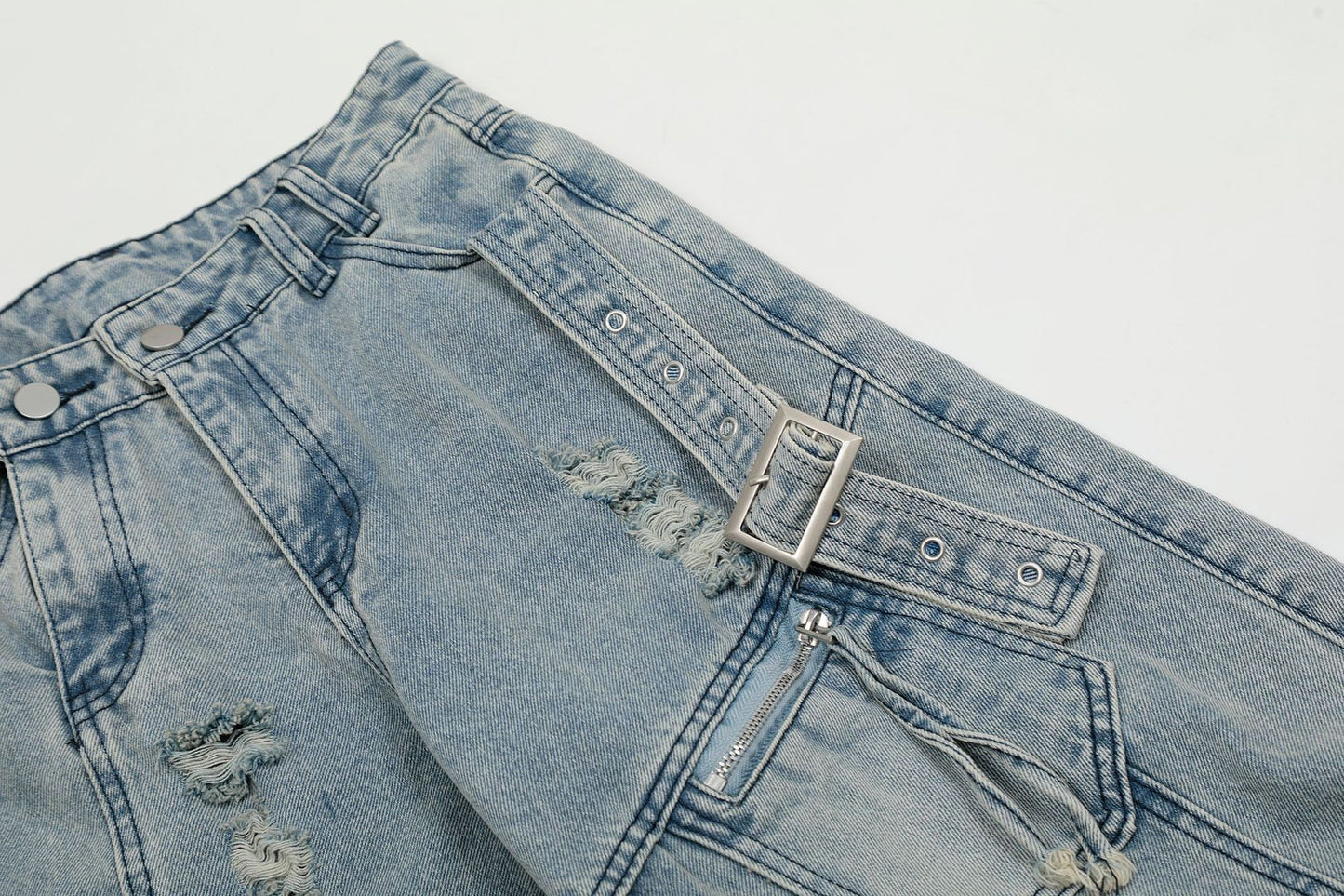 Heavy Wash Damage Pocket Cargo Denim Jeans WN14167