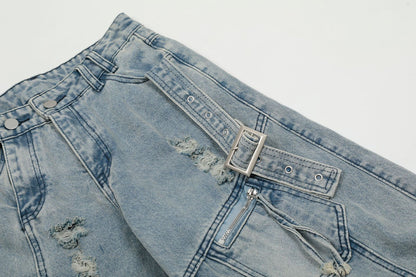 Heavy Wash Damage Pocket Cargo Denim Jeans WN14167