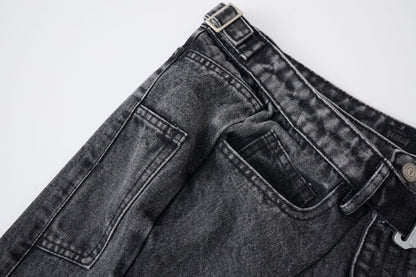 Washed Whisker Metal Buckle Denim Half Pants WN25513