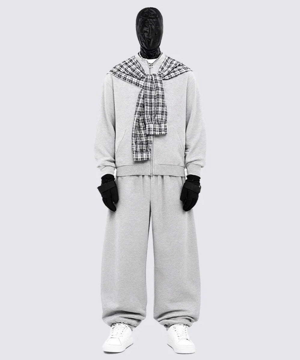 Plaid Scarf Zipper Jacket & Wide Leg Drawstring Pants Setup WN28040