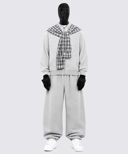 Plaid Scarf Zipper Jacket & Wide Leg Drawstring Pants Setup WN28040