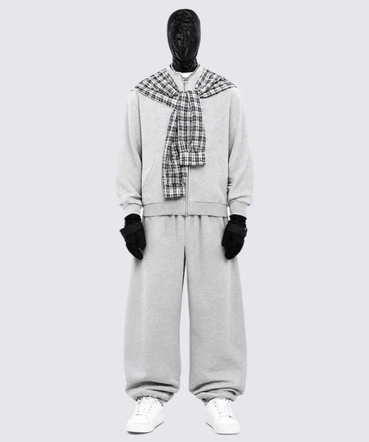 Plaid Scarf Zipper Jacket & Wide Leg Drawstring Pants Setup WN28040