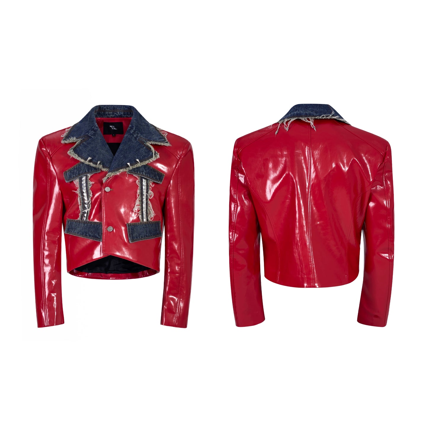 Frayed Denim Patch Rivet PU Leather Short Jacket & PU Leather Pants Setup WN22123