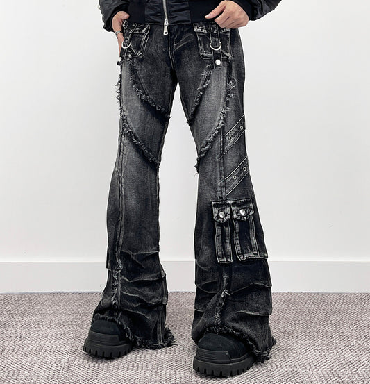 Heavy Detail Flare Cargo Denim Jeans WN24277