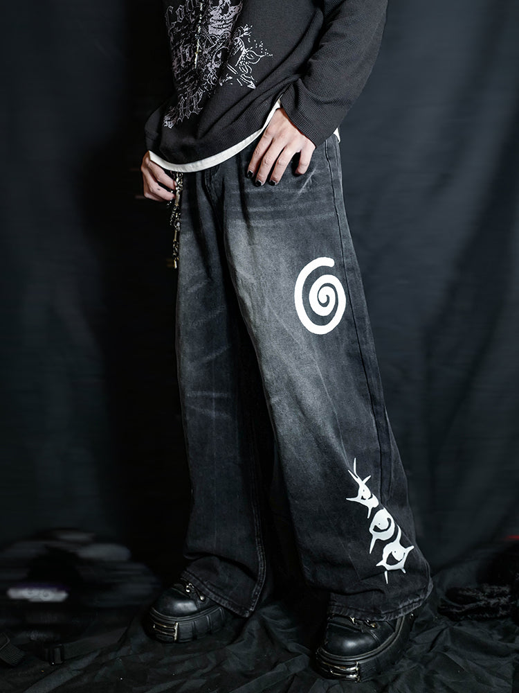 Graphic Design Washed Low-Rise Wide Leg Denim Jeans WN16077