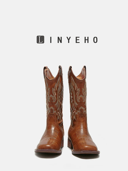 Embroidery Square-Toe Mid-Calf Boots WN20608