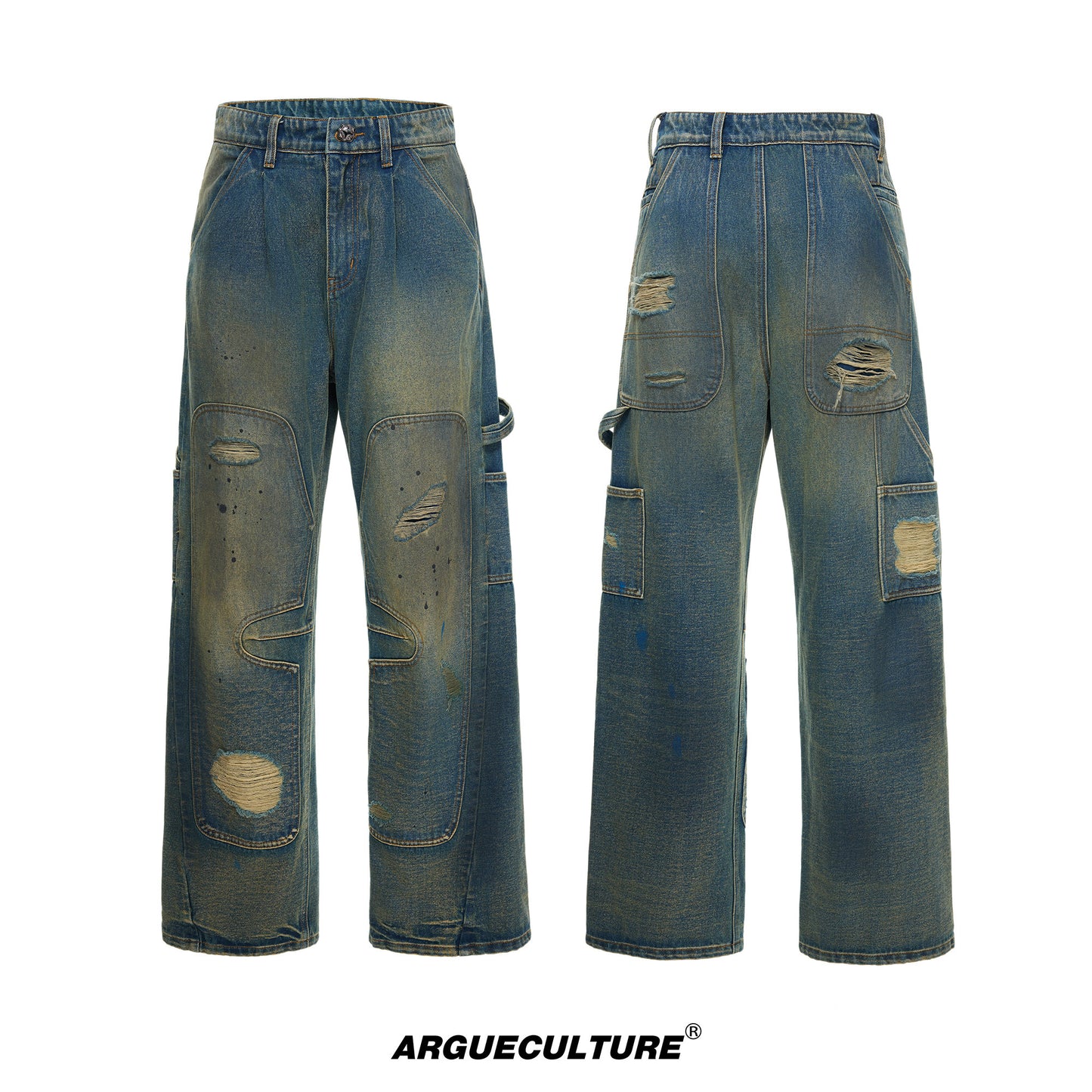 Heavyweight Washed Ripped Workwear Wide Leg Denim Jeans WN27006