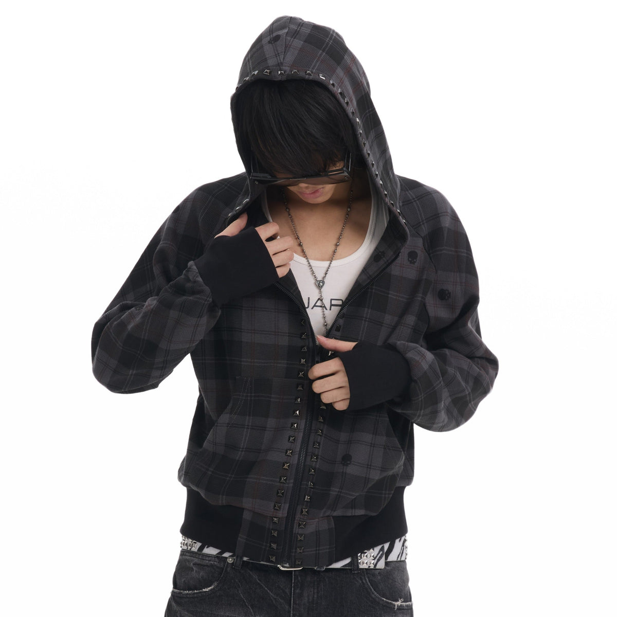 Hooded Plaid Studs Detail Jacket WN27182