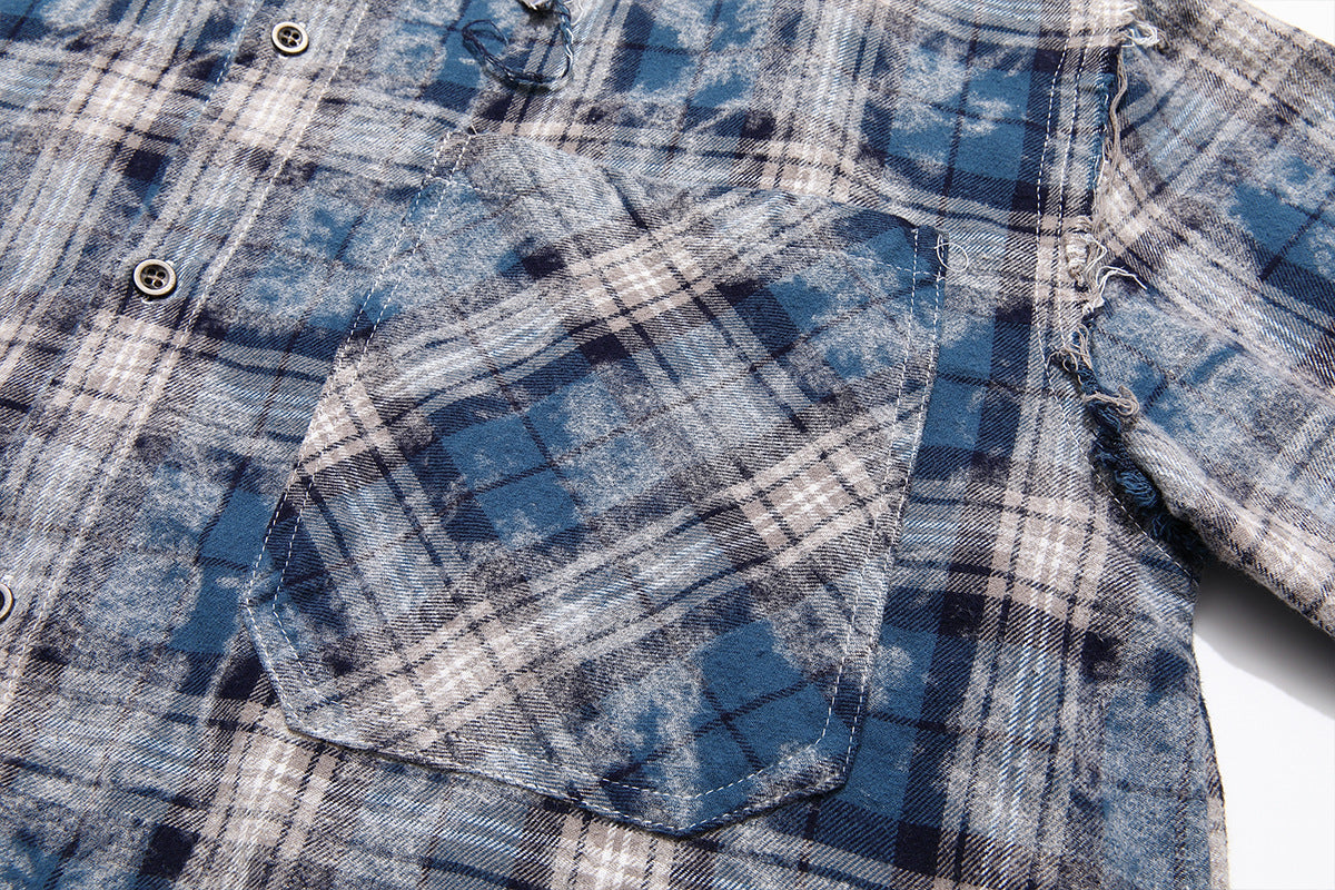 Plaid Washed Fringe Long Sleeve Shirt WN25379