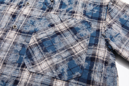 Plaid Washed Fringe Long Sleeve Shirt WN25379