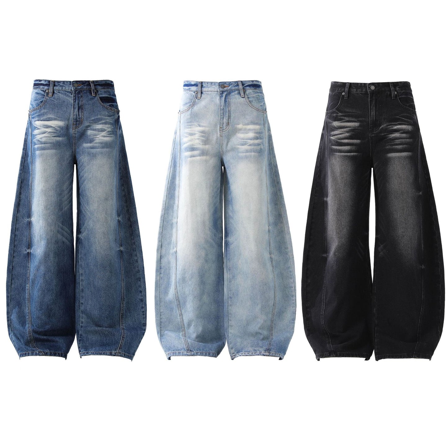 Deconstruction Whisker Curved Wide Leg Denim Jeans WN26161