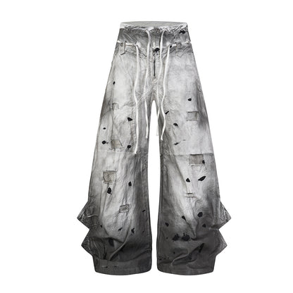 Gradient Washed Damage Double-Waist Wide Leg Pants WN25617