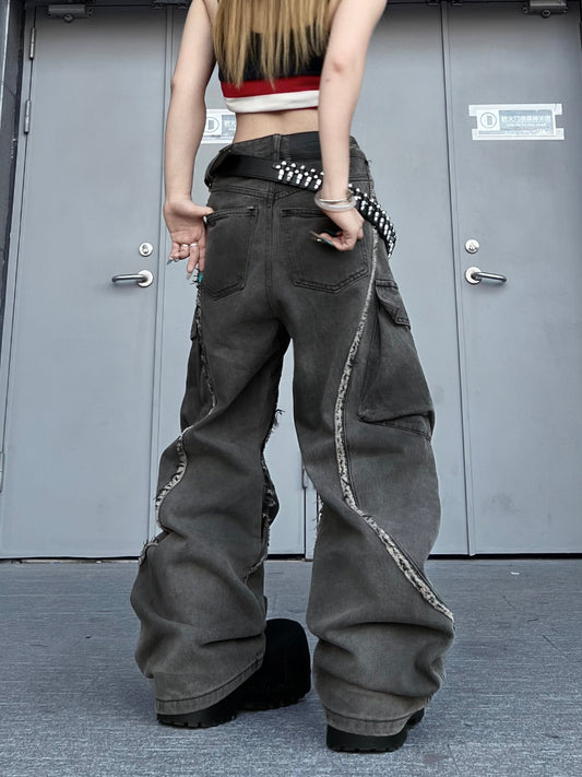 Raw Hem Deconstructed Curved Wide Leg Denim Jeans WN24233