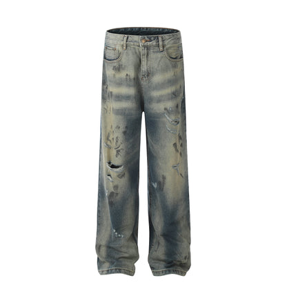 Yellow Mud Dirty Washed Damage Wide-Leg Straight Denim Jeans WN8481