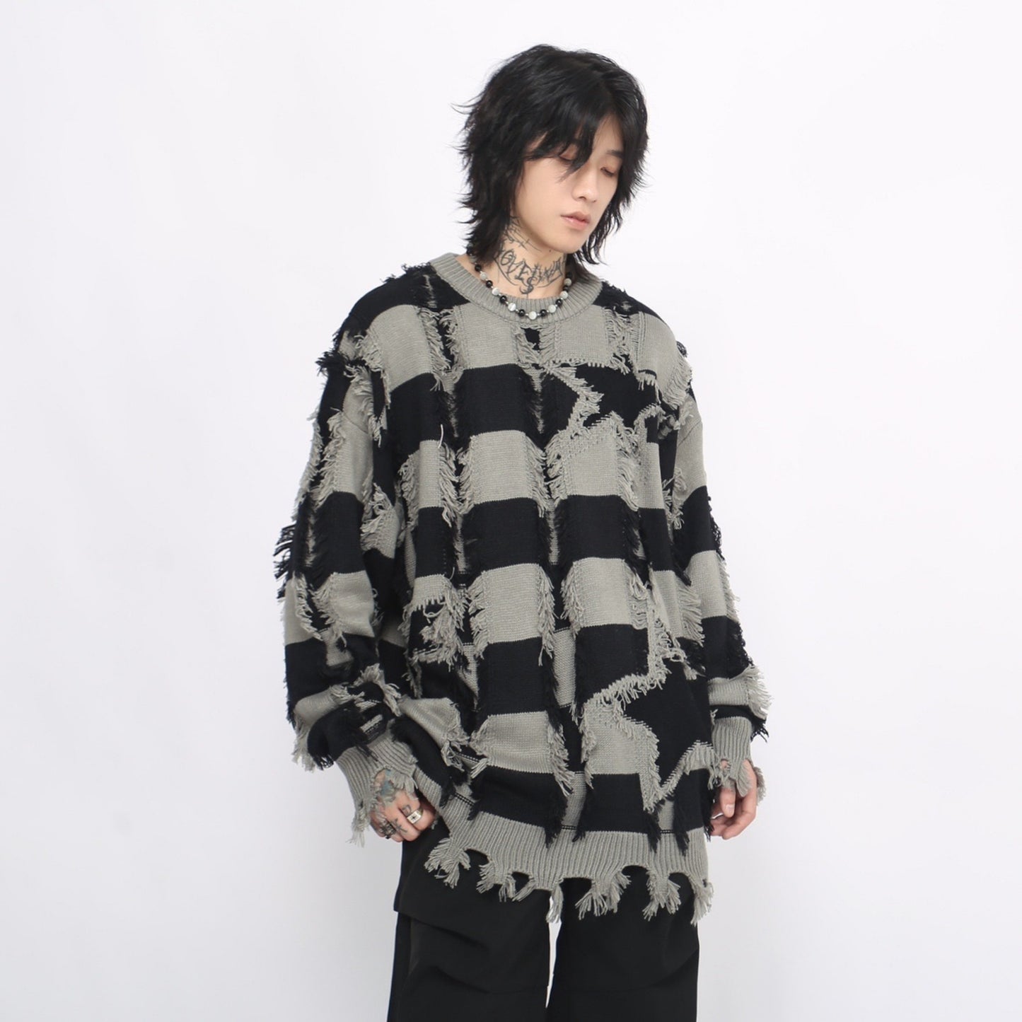 Stripe Oversize Damage Knit Sweater WN8377