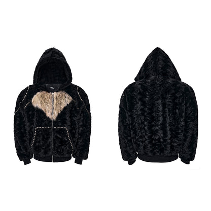 Colorblock Heart Thick Fake Mink Fur Hooded Jacket & Straight Wide Leg Pants Setup WN21838