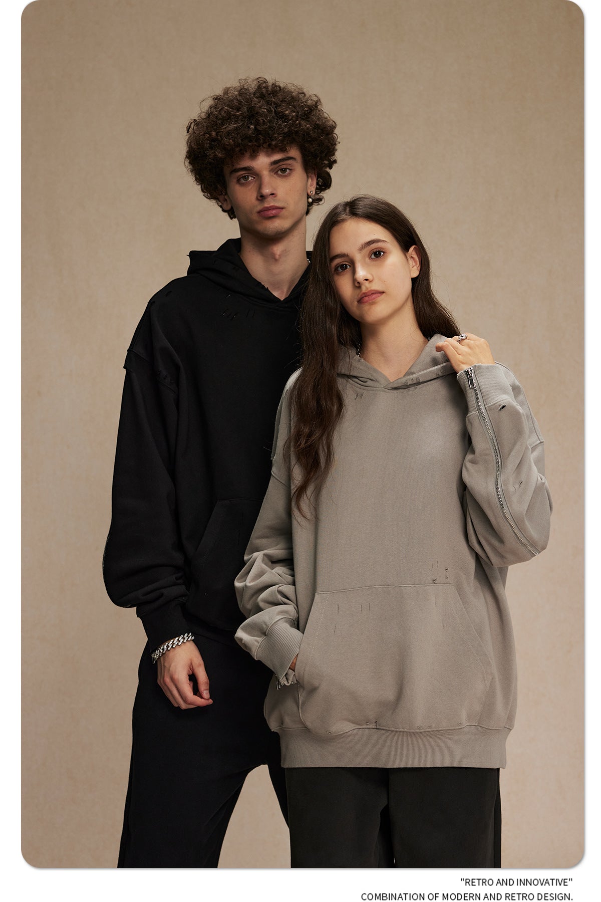 Oversize Zipper Design Damage Hoodie WN9979