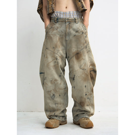 Mud Dye Heavy Wash Wide Leg Curved Hem Denim Jeans WN18178