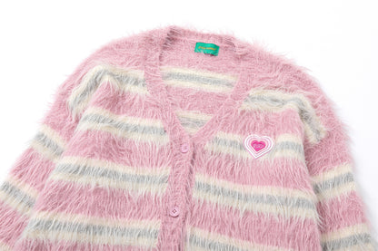 Stripe Heart Embroidery Collegiate Knit Cardigan WN11522