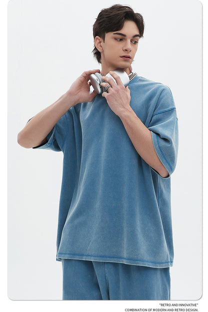 Oversize Washed Short-sleeve T-shirt & Washed Short Sweatpants Setup WN6612