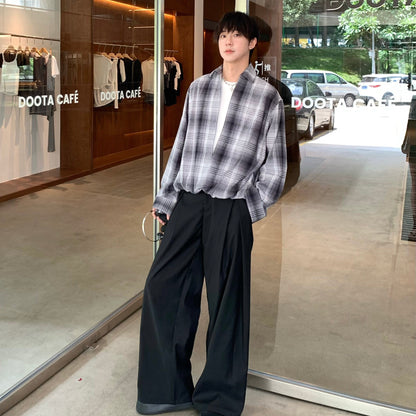 Fake Layered Patchwork Plaid Oversize Long Sleeve Shirt WN25260