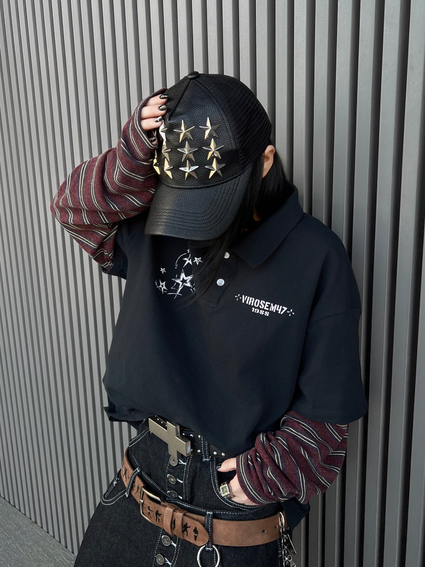 Star Embroidery Stripe Layered Long Sleeve Polo Shirt WN24160