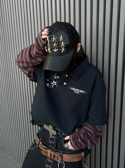Star Embroidery Stripe Layered Long Sleeve Polo Shirt WN24160