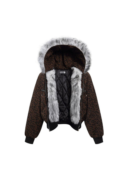 Leopard Print Fake Fur Trim Hooded Oversize Puffer Jacket WN27919