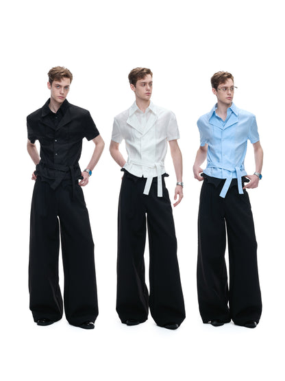 Fake Layered Embroidery Linen Waist-Tie Short Sleeve Shirt WN27030