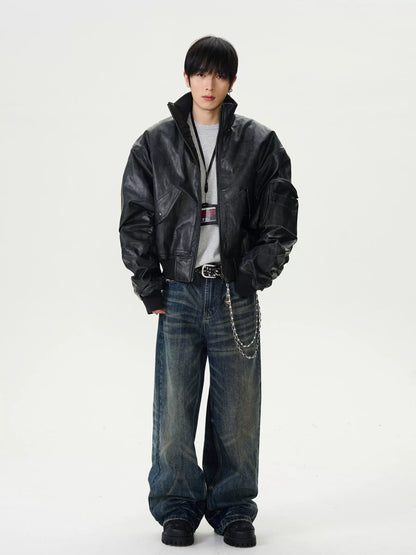 Standing-Collar PU Leather Puffer Jacket WN16380